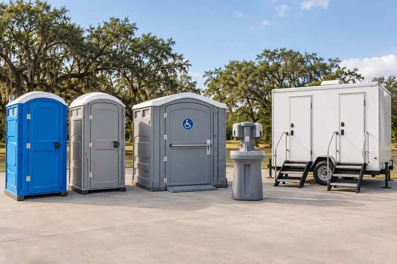 Standard and accessible portable toilets, a handwashing station and a restroom trailer